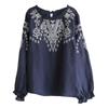 Fall New Arrival Plus Size Round Neck Vintage Art Embroidery Dark Blue Loose Ninth-Sleeve Tops Shirt Women's Shirt