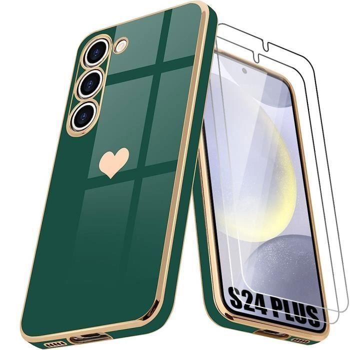 Coque de protection - PROSHOP - pour Samsung Galaxy S24 Plus - avec 2 verres Trempés - Motif Cœur- Vert Nuit