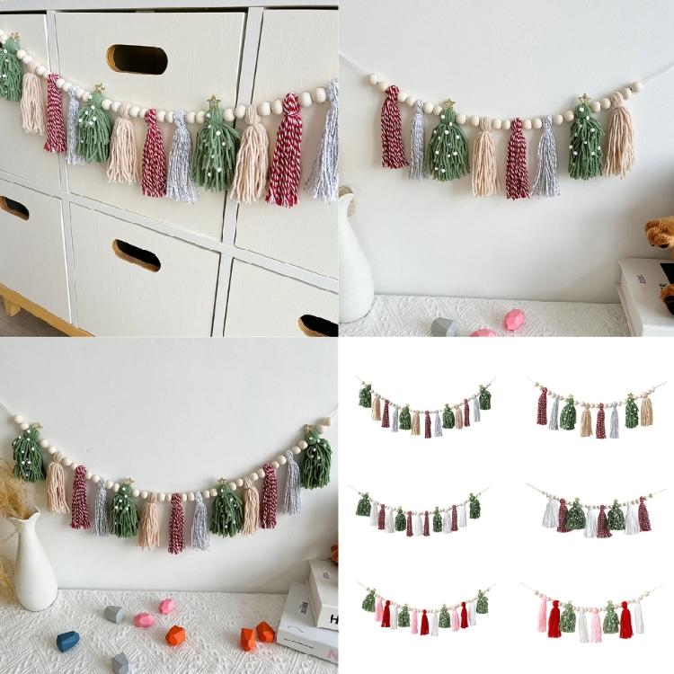 Christmas Garlands Decoration Cotton Tassels Garlands with Wood Beads Wall Hanging Bunting Banners Decors for Mantel