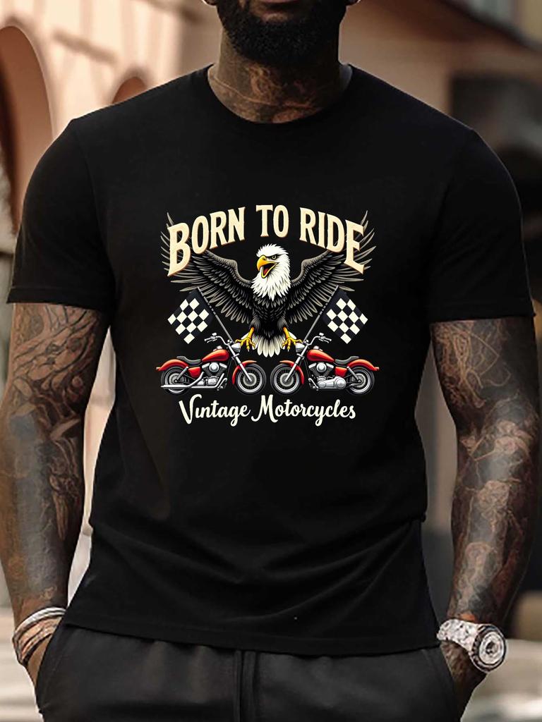 Футболка большого размера с принтом "Born to Ride" - Винтажный дизайн с орлом и мотоциклом