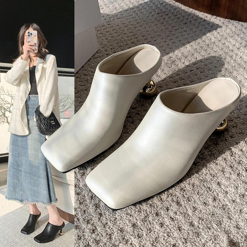 Women's Slippers Square Toe Special-shaped Heel Women's Mules 2025 Spring Sling-Heel Formal Pumps Outdoor Zapatillas De Mujer