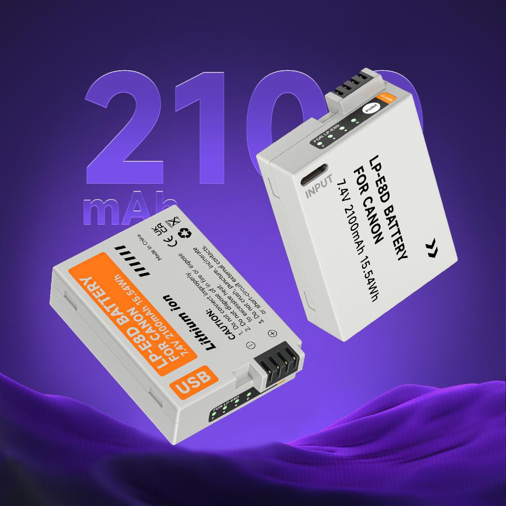 PALO Аккумулятор LP-E8 Type-C емкостью 2100 мАч с индикаторной лампой для Canon EOS 550D 600D 650D 700D X4 X5 X6i X7i T2i