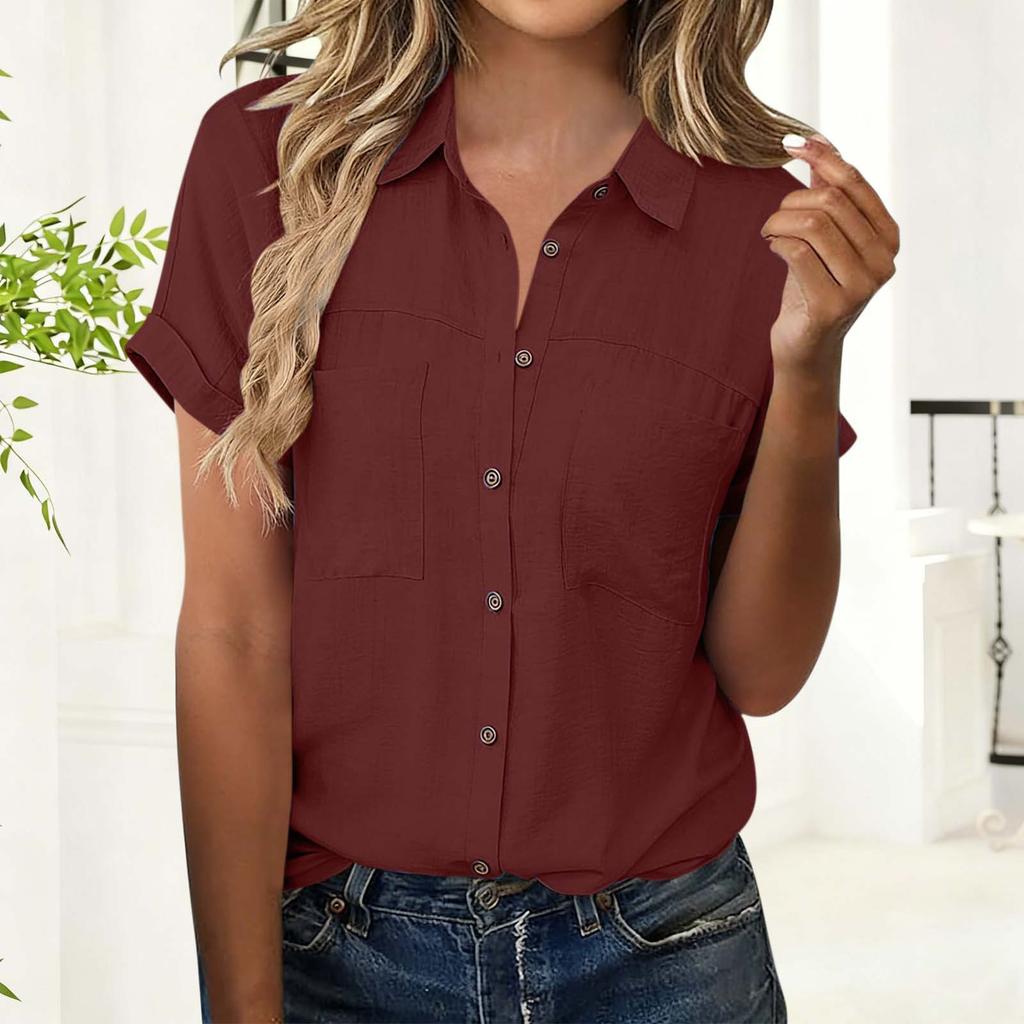 Женская модная рубашка с воротником контрастного цвета, коротким рукавом, карманом на пуговице, повседневная, свободного кроя