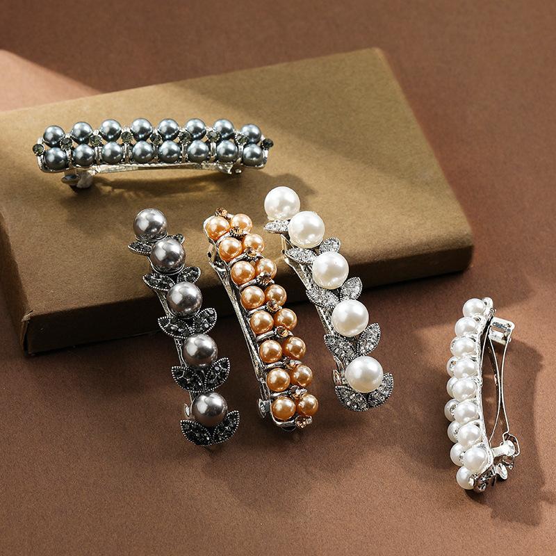Korean-style crystal hairpin with pearl spring clip hair accessory headpiece