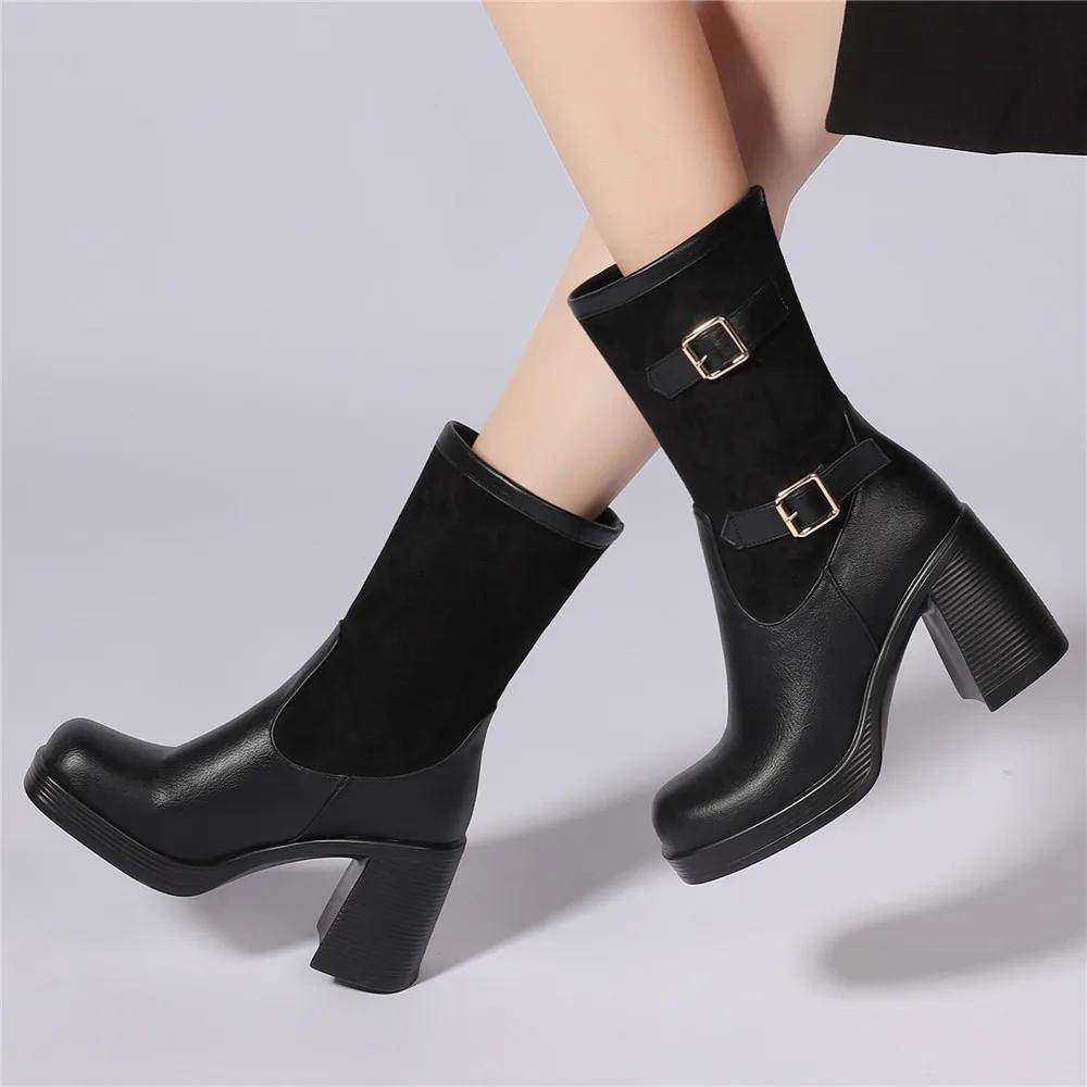 Autumn Winter Ladies Motorcycle Booties Black Gothic Style Buckle  Cool Punk Mid-Calf Boots Comfy Platform Hight Heels Shoe