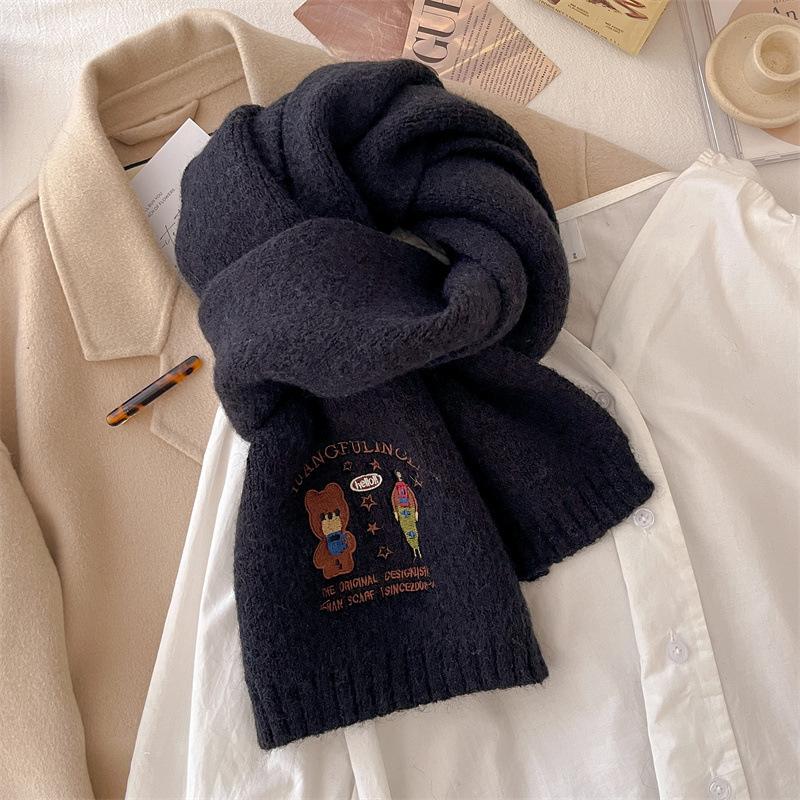 A New High End Women's Winter Scarf with Bear Embroidery Thick and Warm Cold Proof Knitted Woolen Scarf Shawl