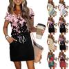 Women's Summer V-Neck Casual Short Sleeve Drawstring With Pocket Vintage Floral Dresses