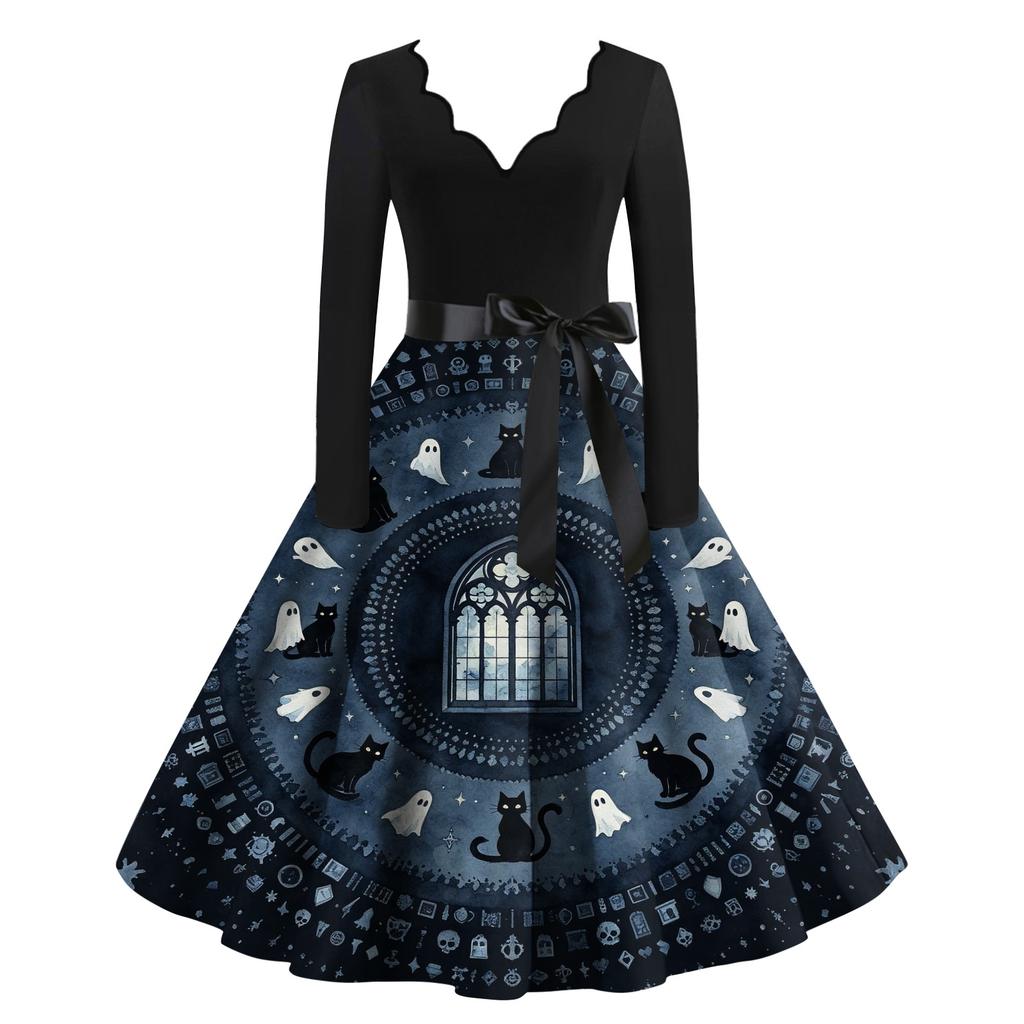 Women's Halloween Printed Long Maxi Dress for Costume Party