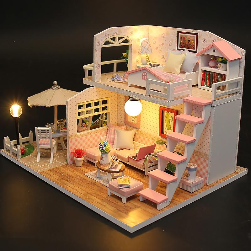 Wooden Doll House Cat Cafe Mini DIY Small House Kit Making Room Toys Home Bedroom Decoration with Furniture For Gifts Dollhouse