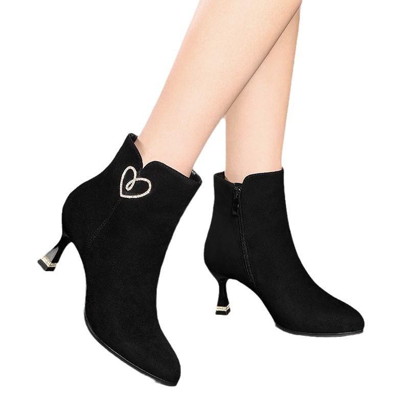 Женские Модные Ботильоны с Острым Носком на Высоком Каблуке Женские Замшевые Повседневные Ботильоны Плюшевые Теплые Зимние Ботинки Botas Invierno Mujer