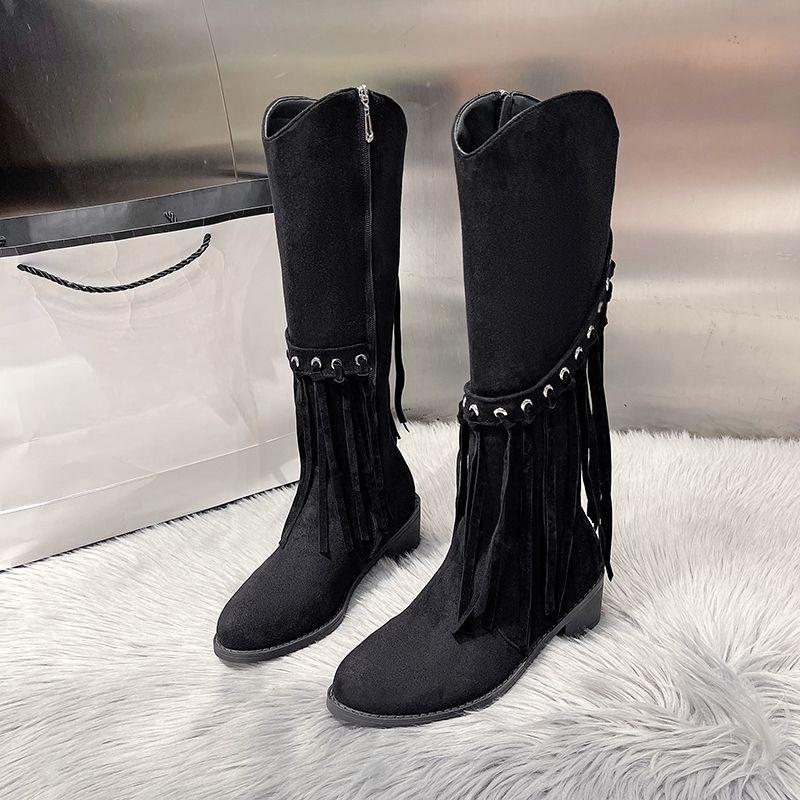 Fashion Elegant with Low Heels Pointed Toe Tassel Half High Boots for Women Spring Autumn Mid Calf Shoes Woman Large Size Hot Chic Boot