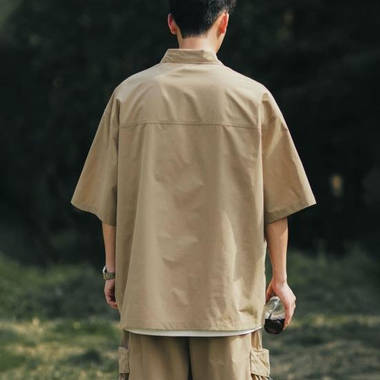 Summer Men Cargo Top Chest Pockets Solid Color Loose Zipper Plus Size Hip Hop Streetwear Plus Size Half Sleeves Half-open Turn-down Collar Mid