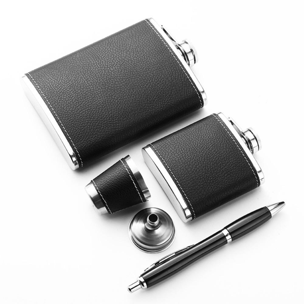 Stainless Steel Leather Texture Hip Flask with Funnel and Cups Whiskey Flasks Flagon  Outdoor