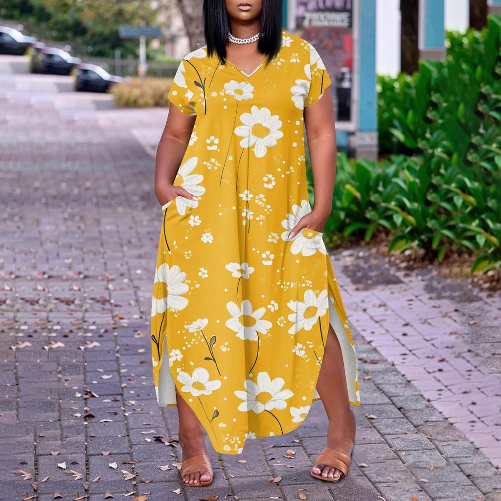 Женское платье макси с цветочным принтом, летнее повседневное платье с коротким рукавом, сарафан с V-образным вырезом, длинные платья с карманами, пляжный отдых