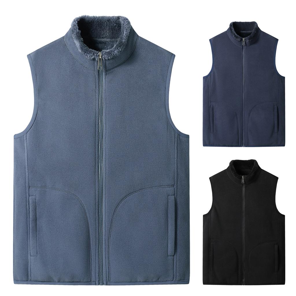 Men's Casual Fleece Solid Color Zipper Vest Men's Stand-up Collar Fleece Vest Jacket
