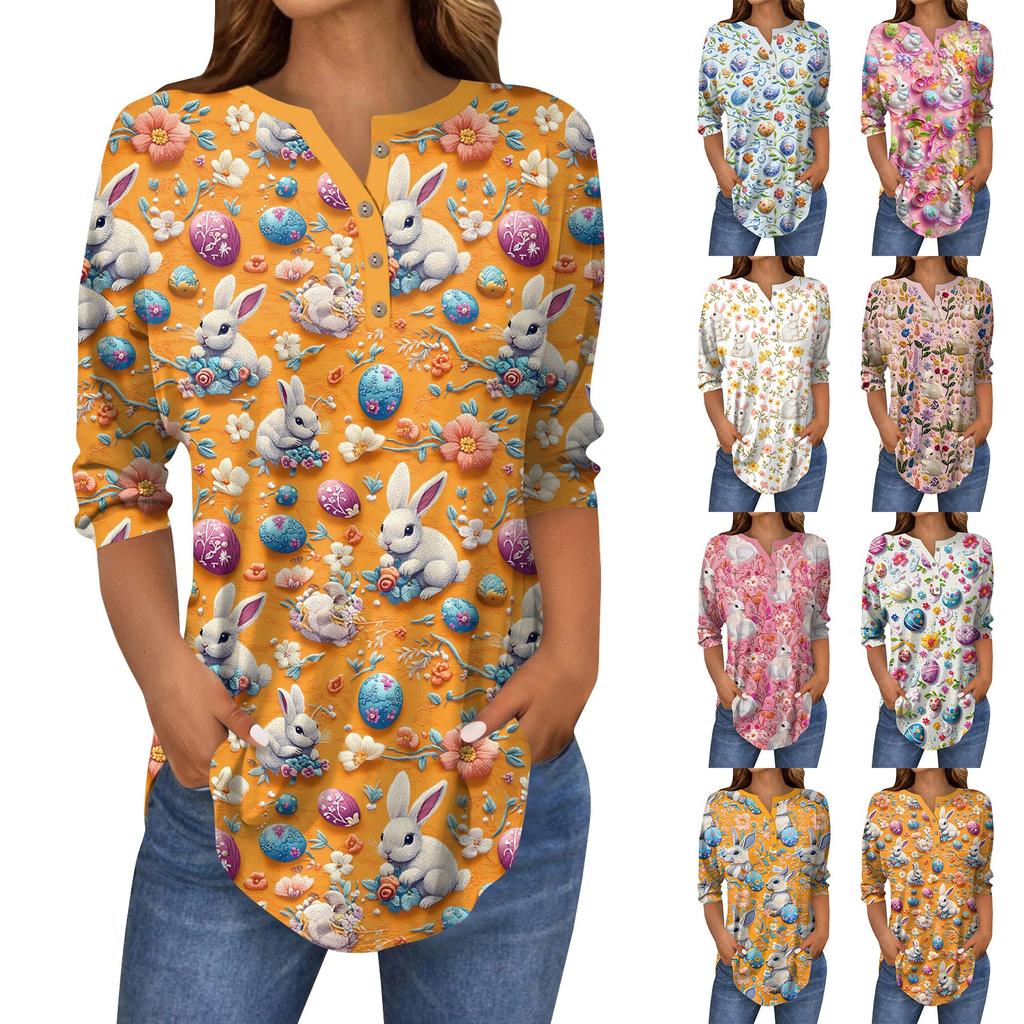Women's 3/4 Sleeve Easter Egg Bunny Print Button Collar Fashion Casual Top