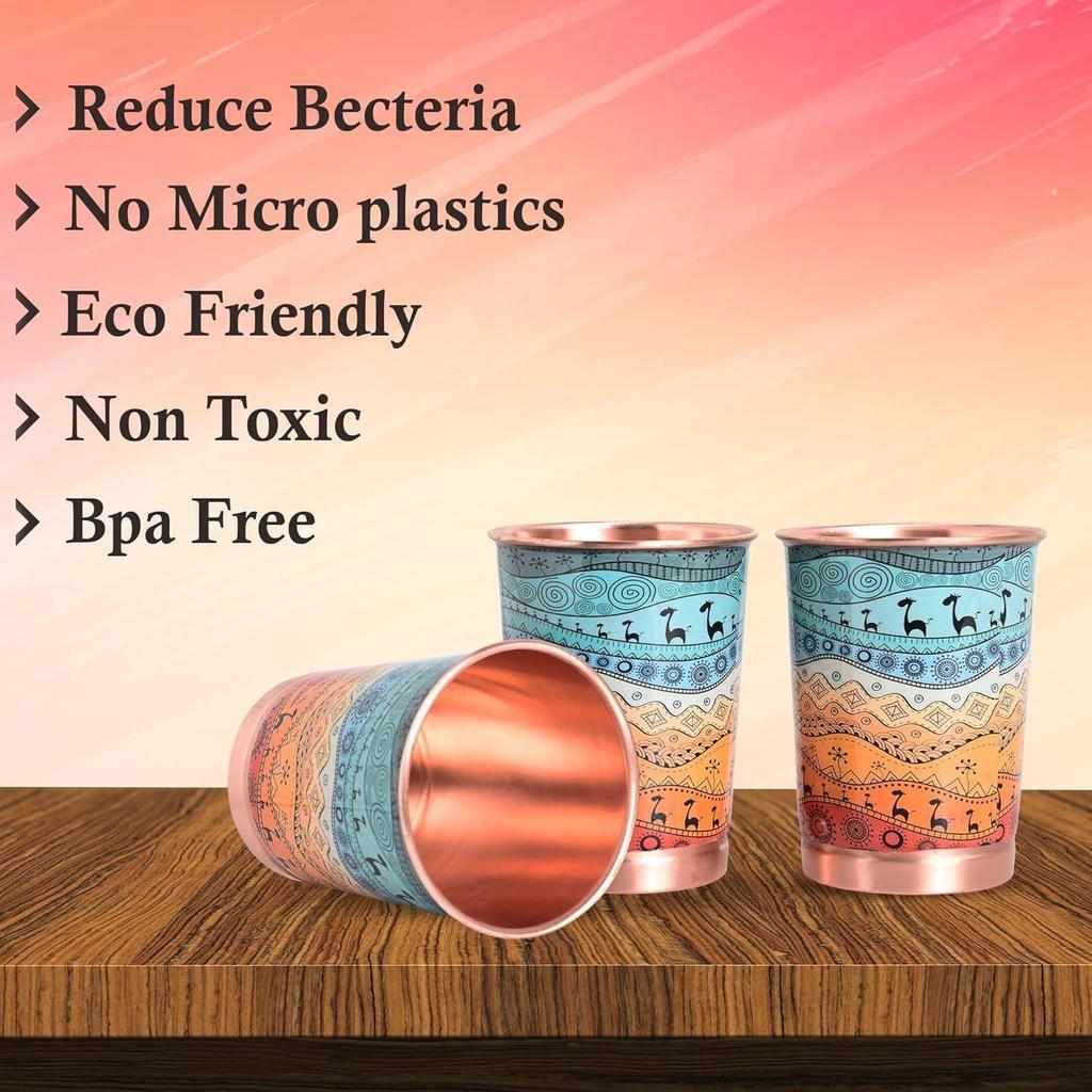 New Copper Printed Design 250ML Water Glass with Rust Proof Protection for Home and Office Use Ayurveda and Yoga Health Benefits Glass Set of 6