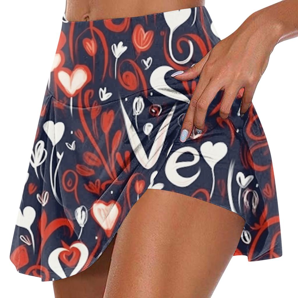 Женская мода с принтом на День Святого Валентина, повседневная спортивная фитнес-беговая йога, теннисная юбка, плиссированная короткая юбка, шорты, полуюбка