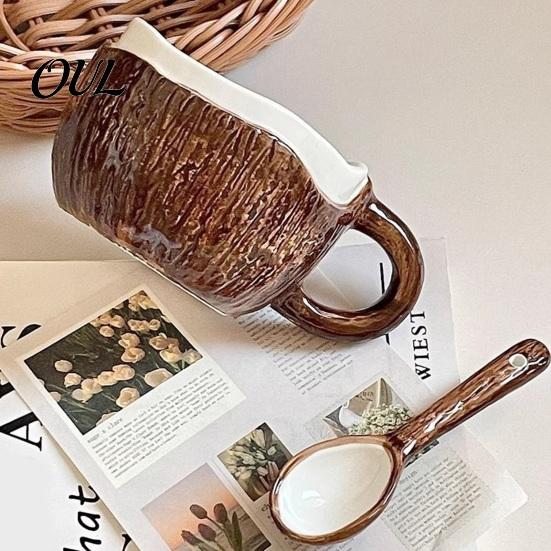 Versatile Home Drinkware Vintage Coconut Shell Ceramic Mug, Handmade Irregular Coffee Cup with Spoon, Practical Gift for Best Friends Rustic