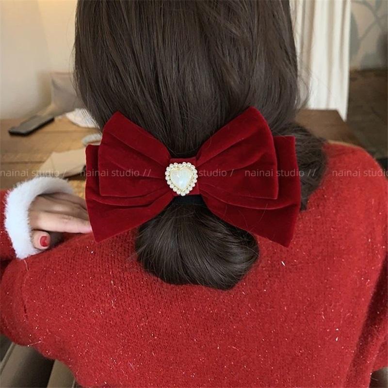 Cat Eye Heart Bow Velvet Hair Clip Women Retro Wine Red French Elegant Pearl Back Head Hair Accessories