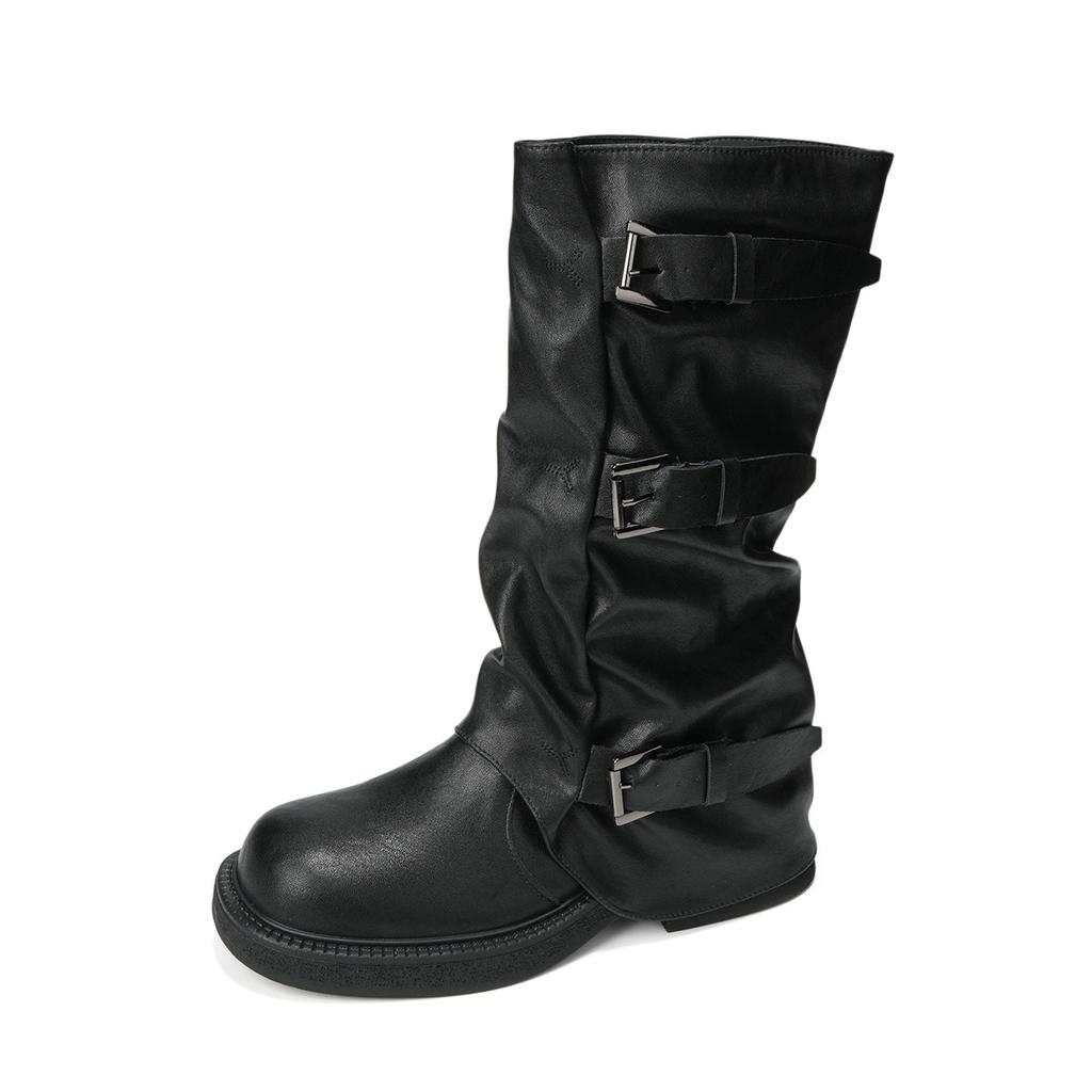 Женские брючные ботинки на толстой подошве в ретро-стиле с круглым носом 2025 года, новые зимние, нишевый дизайн, ботинки, ботинки со складками, ботинки