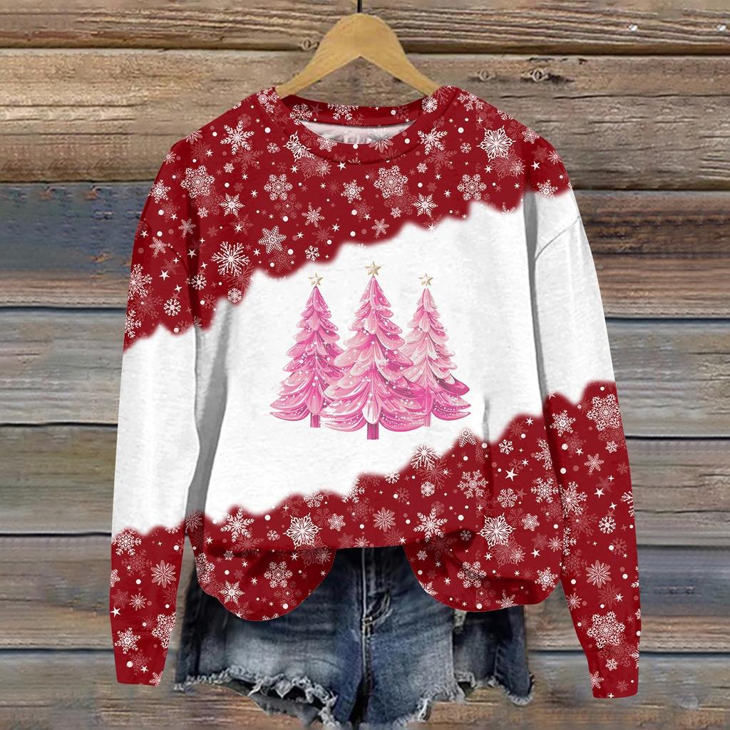Женская мода рождественский принт длинный рукав свободный круглый вырез толстовка топ осень