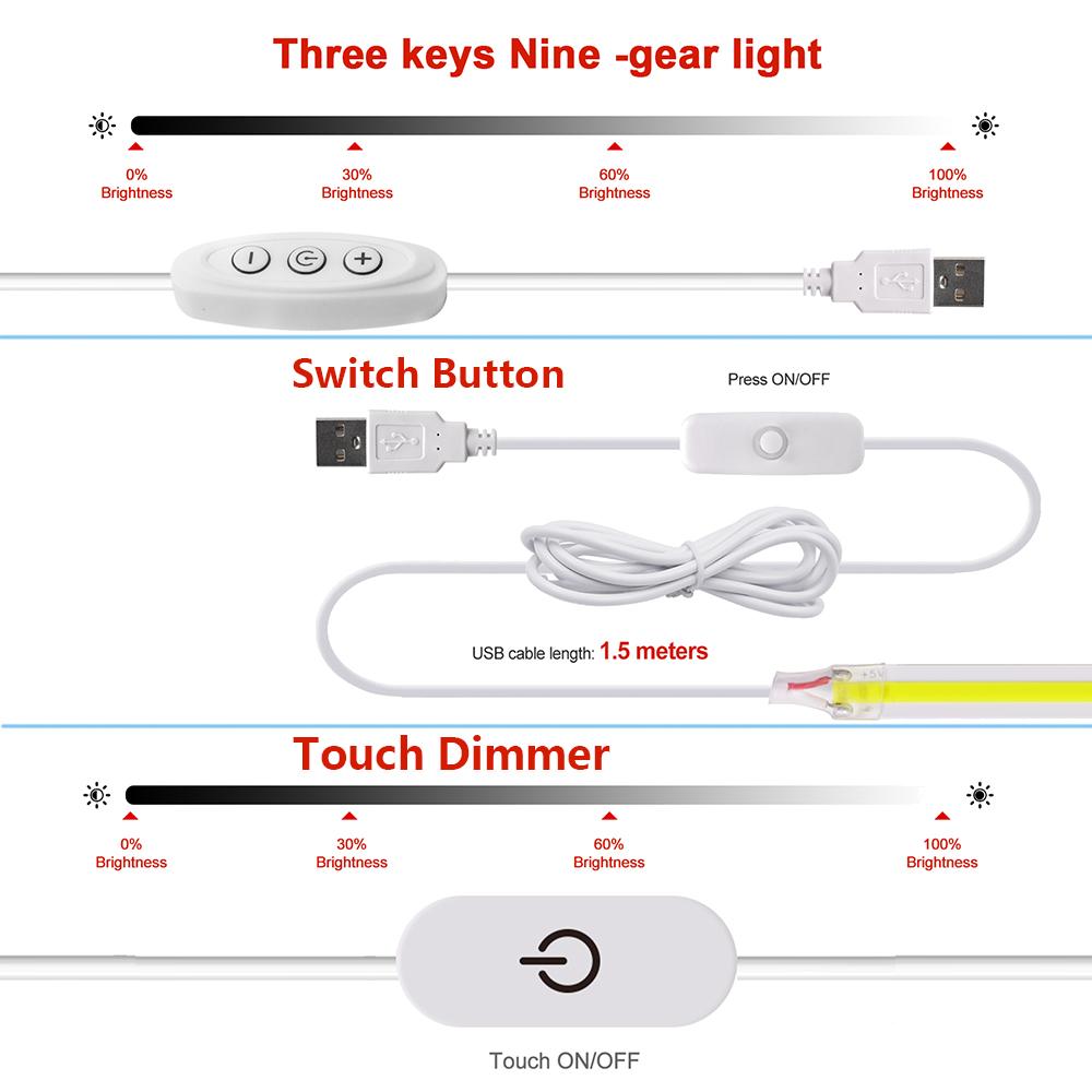 DC 5V COB LED Strip Light With USB 2PIN Wire DC Plug 8MM 320LED High Density Flexible Tape 3000K 4000K 6000K Warm Natural White