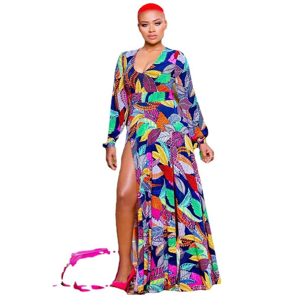 S9308 Summer New European And American Women'S Clothing Printed Sexy Dress, Holiday Style Split Deep V Long Dress