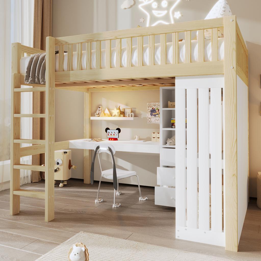 Loft bed, 140*200cm, desk, wardrobe, 3 drawers, open storage space, railing, stairs, without mattress, natural