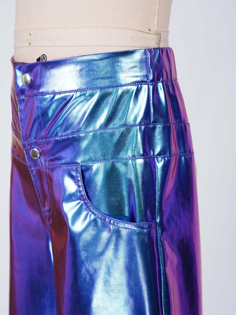 High Waist Press Button Wide-leg Cargo Pants Metallic Finish Multi-pocket Trousers for Kids Girls Hip Hop Dance Performance