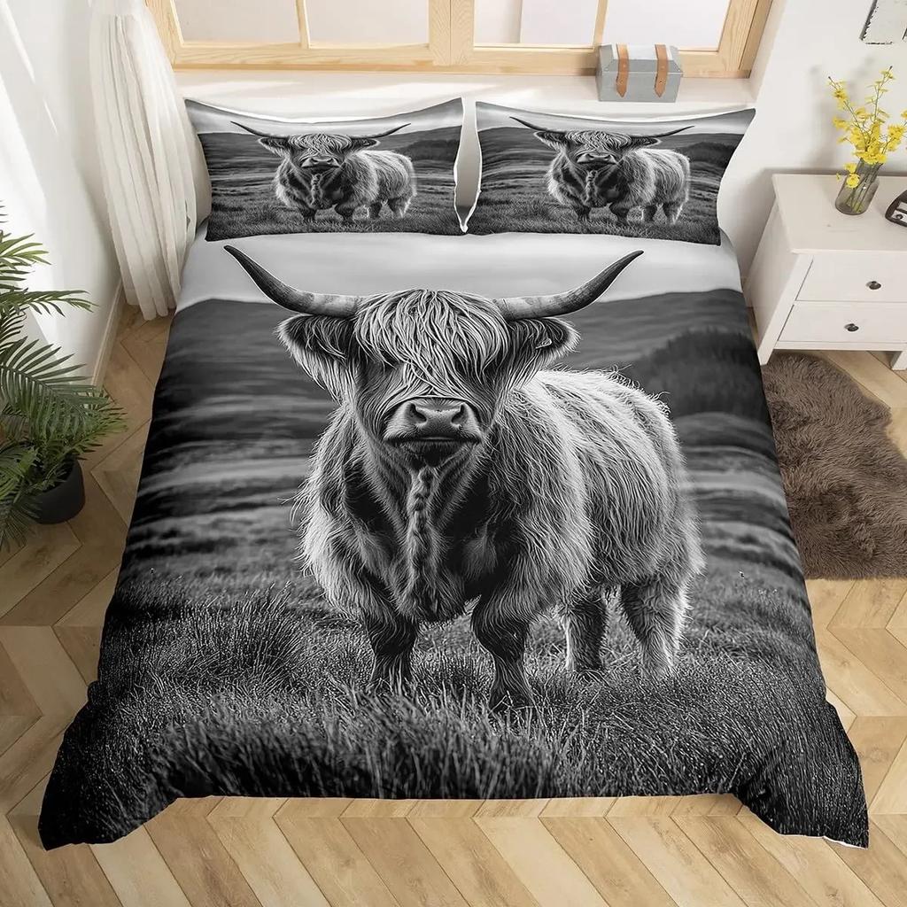 Highland Cow Duvet Cover King Sunflower Farm Animal Bedding Set Cute Highland Cattle Floral Quilt Cover Rustic Farmhosue Decor