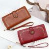 Women's Oil Wax Leather Zip Wallet with Hollow Pattern and Card Holder