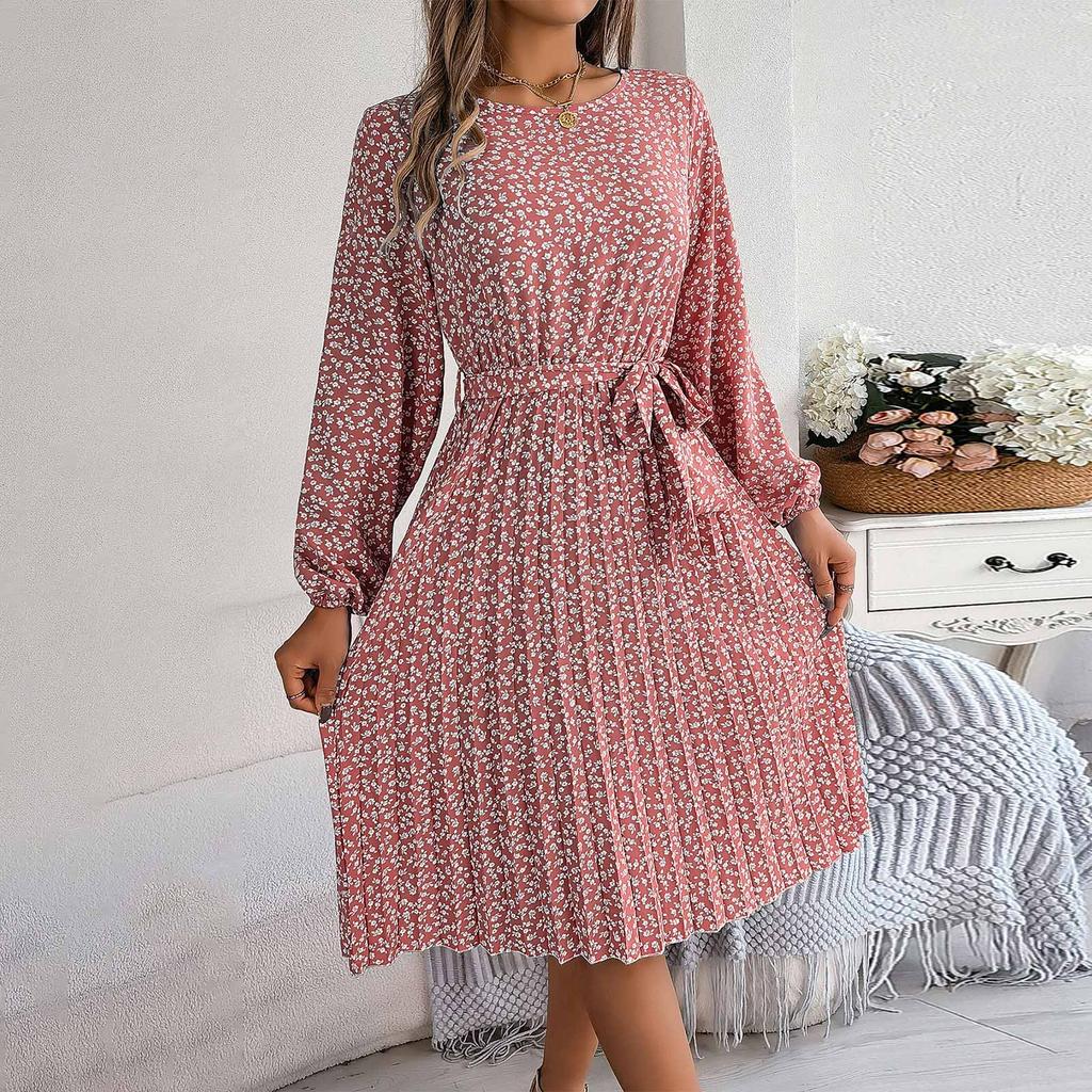 Women Fashion Spring And Summer New Casual Long Sleeve Floral Large Hem Pleated Dress