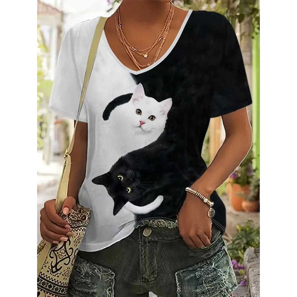 Color-blocked Printed V-neck Casual Style Women's T-shirt Streetwear Trendy Cat Pattern Top