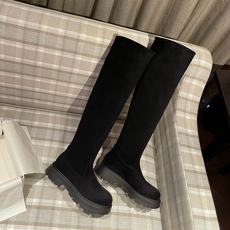 Krazing Pot Осенне-зимняя обувь из флока, эластичные сапоги на среднем каблуке, плиссированные украшения, женские теплые сапоги до бедра