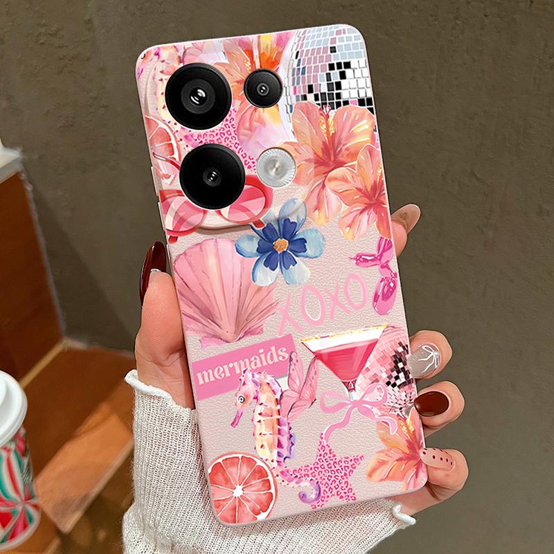 Розовый Чехол с Мультяшным Цветочным Рисунком для Xiaomi Redmi Note 14 13 Pro 5G 4G 12 11 Funda Xiaomi 14T 13T 11T Pro Силиконовая Крышка с Текстурой Кожи