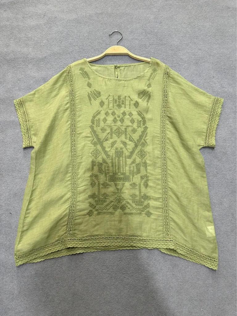 Johnature Summer Sweet Embroidery Tops Vintage Casual Design Sense Versatile Short Sleeve Pullover Shirts Women