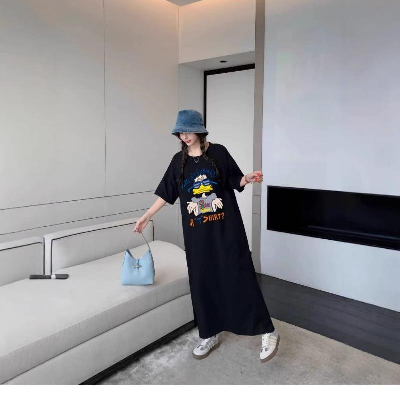 Летнее платье-футболка Lazy с круглым вырезом, свободное, большого размера, темпераментное, утягивающее женское платье