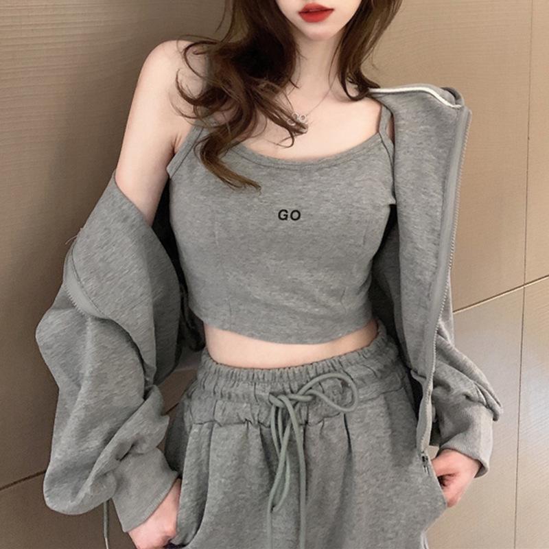Women Spring Fall Solid Color Loose Zipper Hooded Sweatshirt Short Coat Tank Tops Casual Sweatpants Three Pieces Set Sport Suits