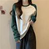 Large Size Crew Neck Shoulder Sleeve Splicing Top Women's Autumn and Winter Fleece Contrast Color Thin Long Sleeve Sweater