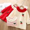 Girls' Knitted Cherry Dress – Long Sleeve Warm Sweater Dress with Ruffled Collar