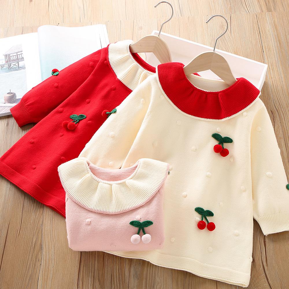 Girls' Knitted Cherry Dress – Long Sleeve Warm Sweater Dress with Ruffled Collar