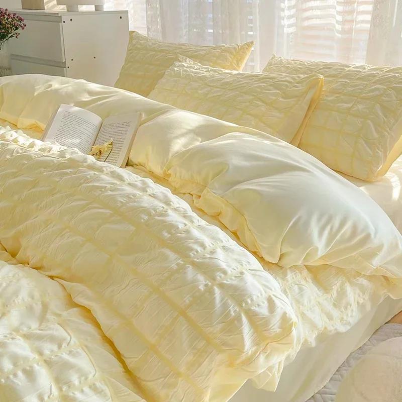 Check Bubble Fabric Bed Set Pucker Duvet Cover Pillowcase Bedding Set Bed Sheet Quilt Cover Single Queen King Size 4 Pieces Sets