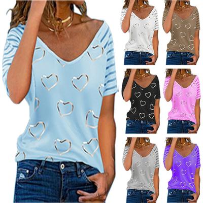 Женский топ, короткий рукав, V-образный вырез с принтом в виде сердечек