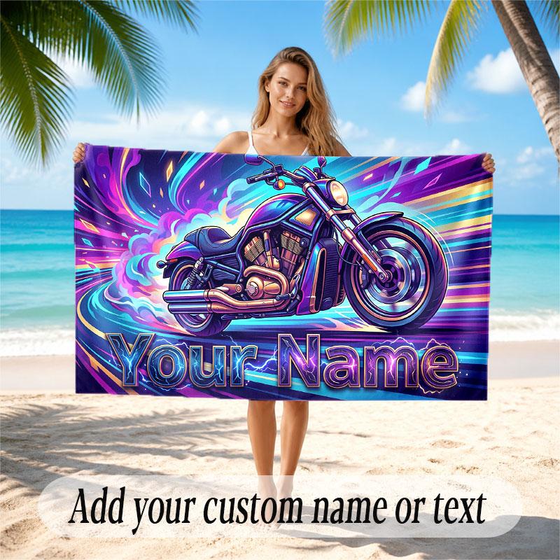 Motorcycle Theme Soft Beach Towel Personalized Custom Name Text Towel Portable for Beach Pool Travel