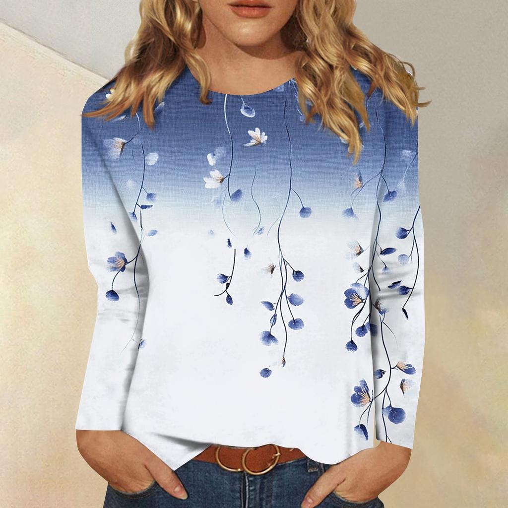 Женская модная повседневная футболка с круглым вырезом и длинным рукавом с принтом, топ