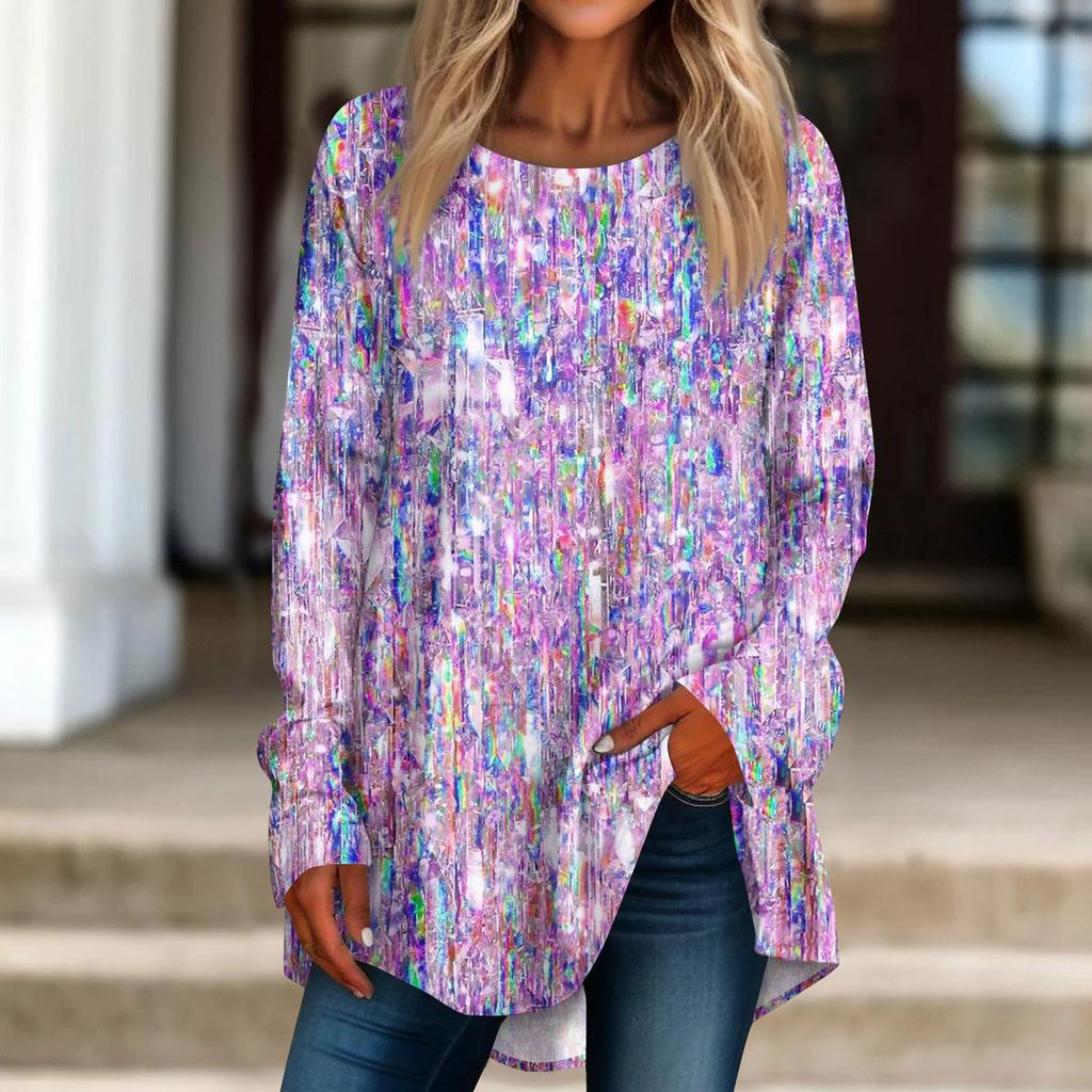 Женская повседневная футболка с длинным рукавом с круглым вырезом и принтом пайеток