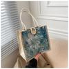 Flower Print Burlap Tote Bag Women Linen Tote Shopper Purses Summer Beach Outgoing Handbags Portable Eco Top Handle Shopping Bag