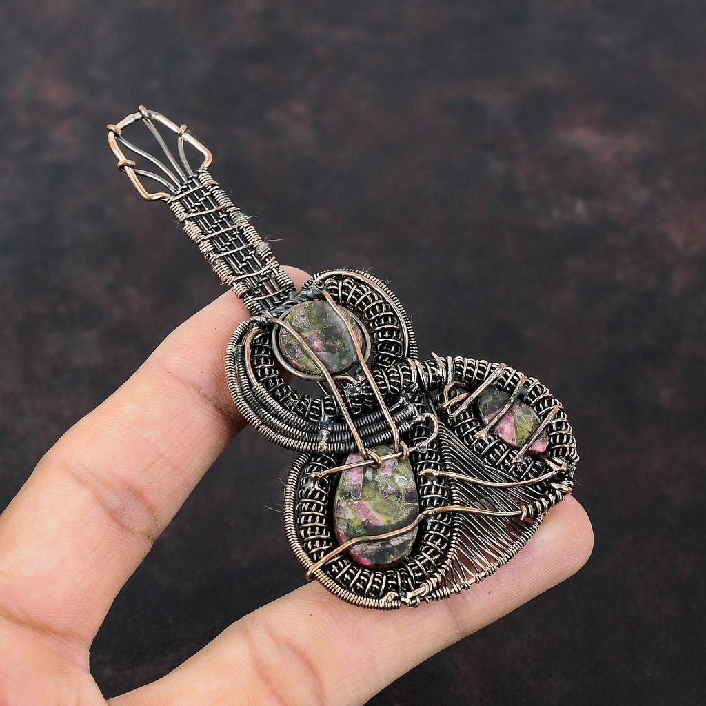Copper Thulite Pendant Copper Wire Wrapped Pendant Guitar Pendant Thulite Jewelry Handmade Gemstone Pendant Copper Wire Jewelry Wedding Gift