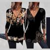 Elegant Casual Spring Autumn V-neck Zipper Floral Print Long Sleeved Women's Top T-shirt